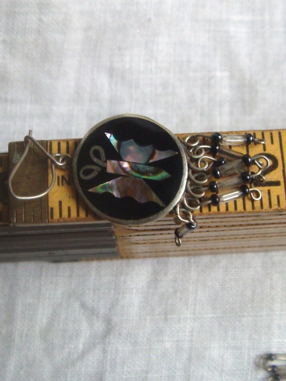 Vintage Alpaca Mexico Silver Abalone Butterfly Dangle Bead Fringe Earrings *FLAW - Picture 6 of 7